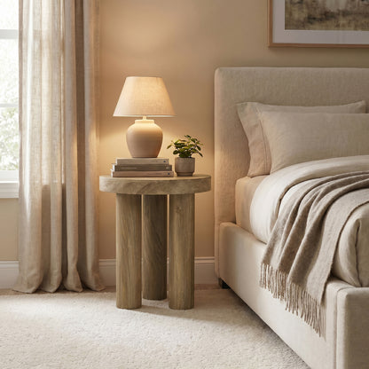 Round Wood Three-Pillar Base Side Table, Natural, 19"