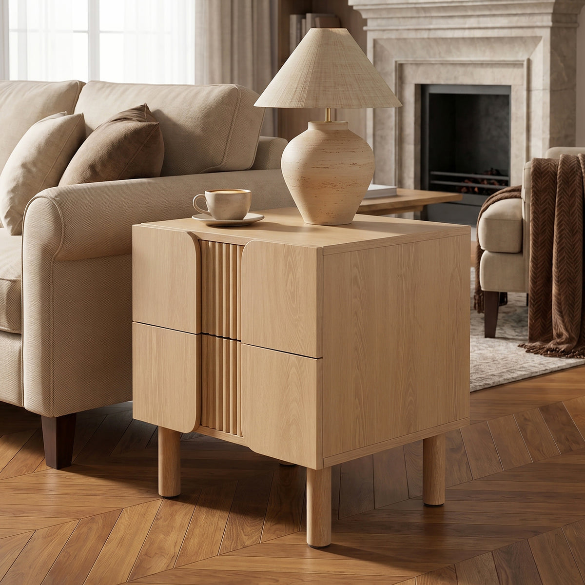 Malu 2-Drawer Wood Bedside Nightstand, Natural, 20.5"