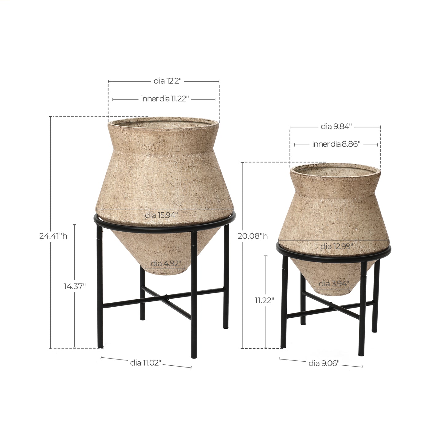 2-Piece Decorative Iron Cachepot Set with Stands, 13"/16"