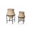 002-Piece Metal Cachepot Cauldron Set with Black Stands, Distressed Beige, 13" & 16"