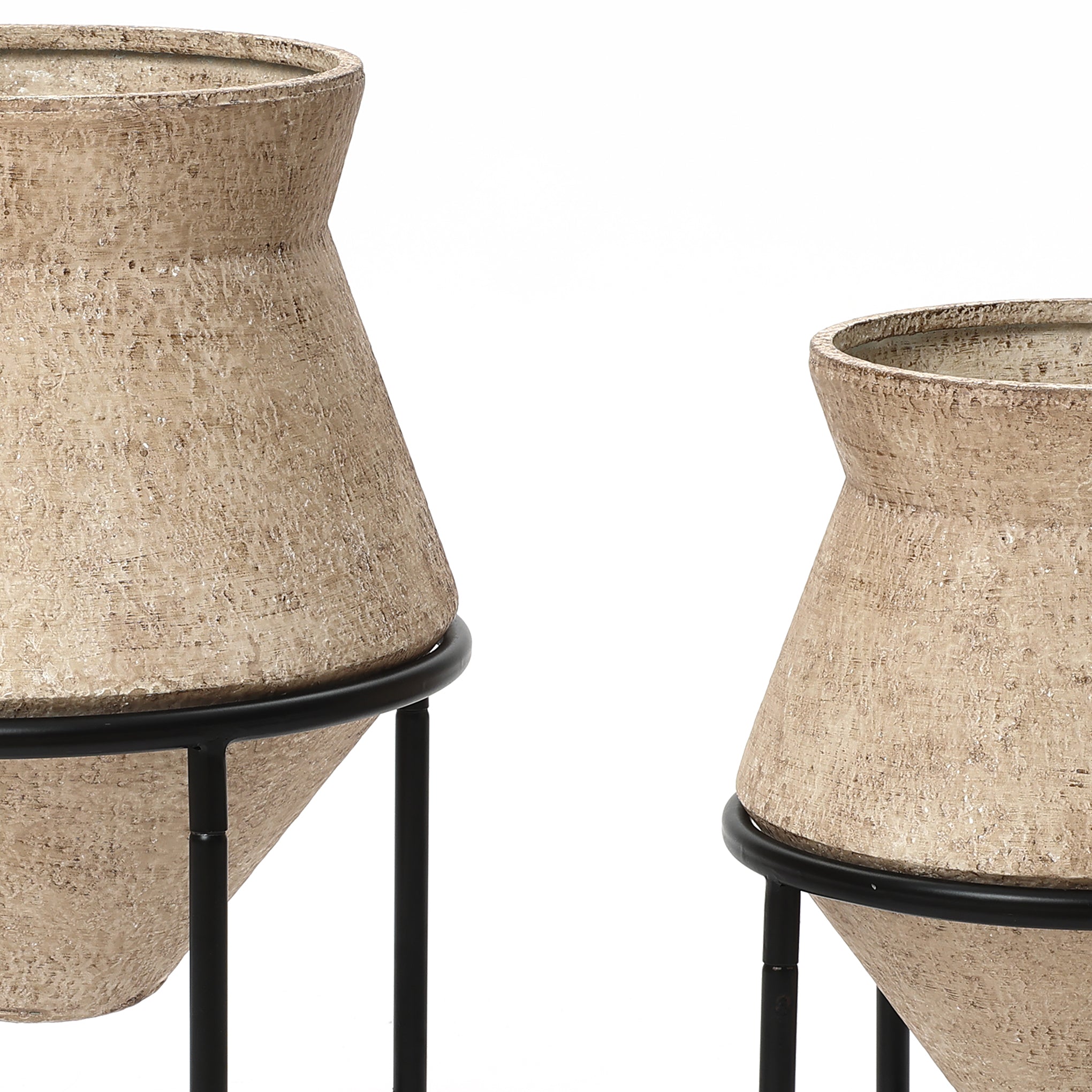 002-Piece Metal Cachepot Cauldron Set with Black Stands, Distressed Beige, 13" & 16"