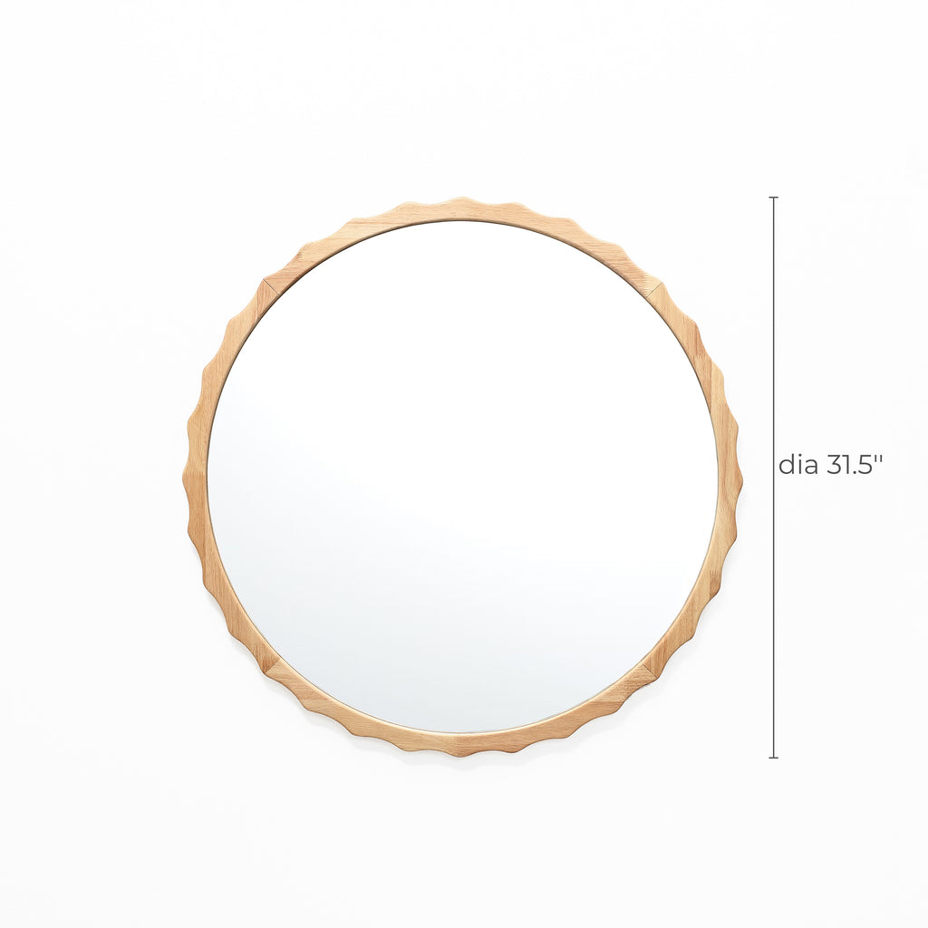 31.5-Inch Round Natural Rubberwood Scalloped Frame Wall Mirror