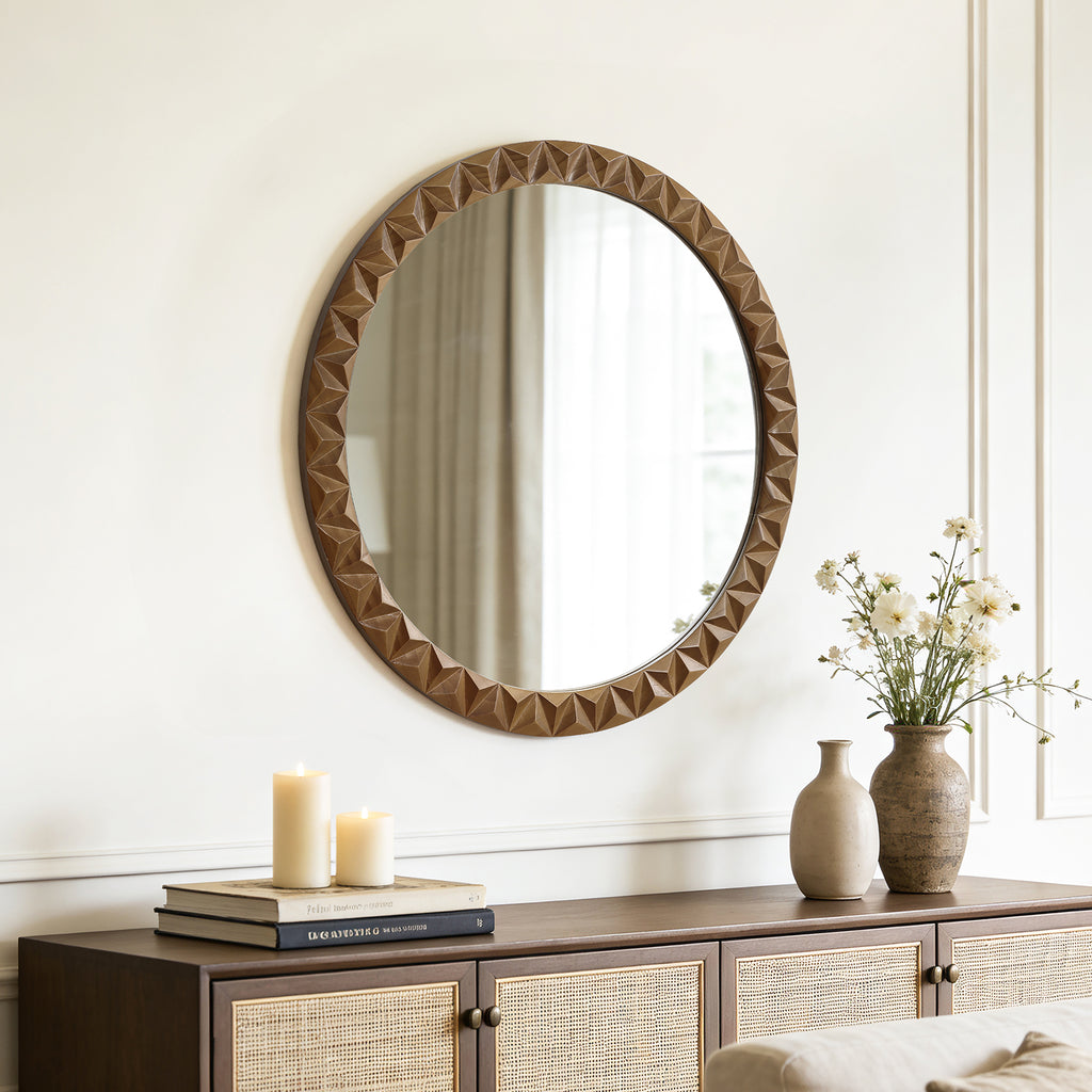 Natural Pine-Framed Round Mirror with Carved Detailing, 25.5'' Diameter