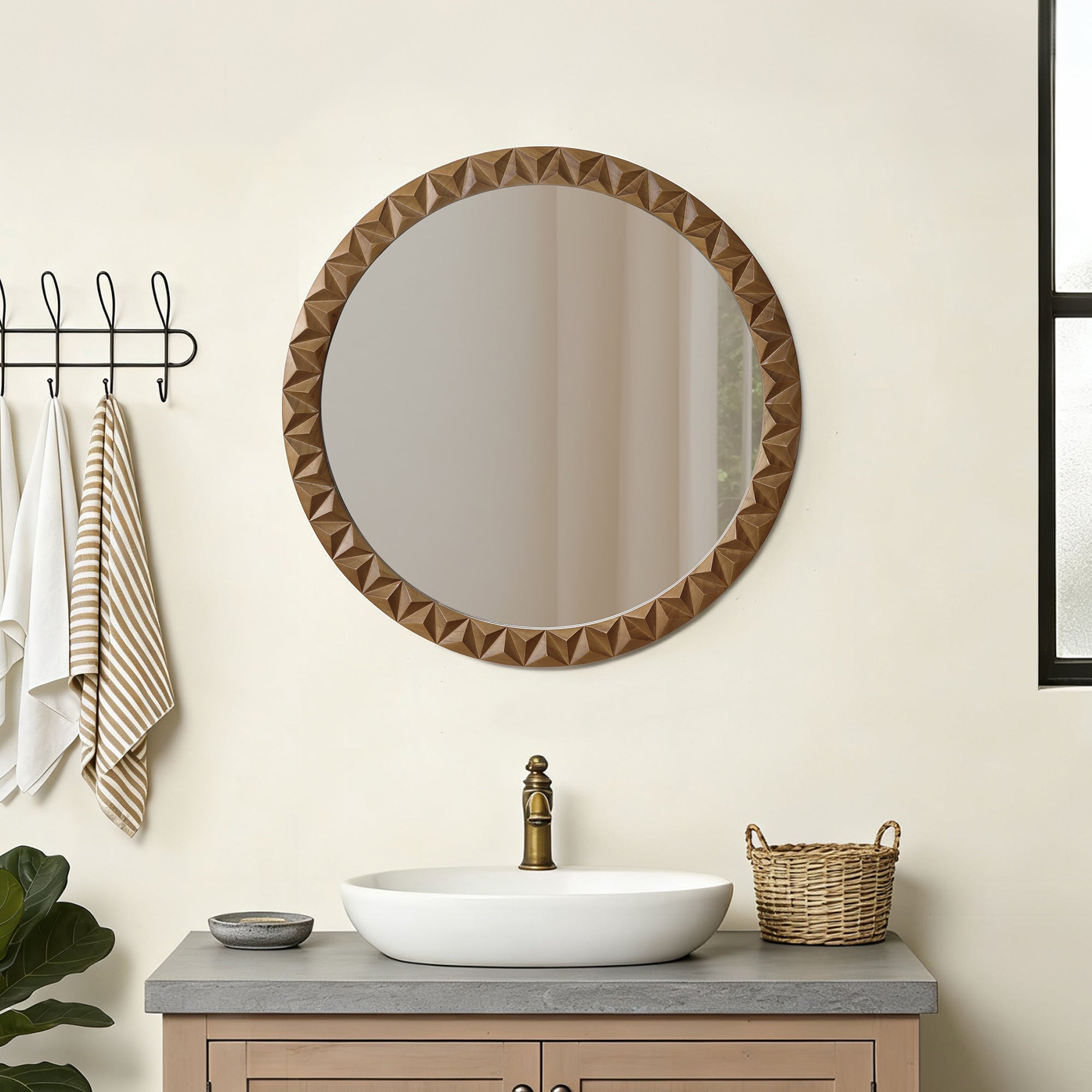 Natural Pine-Framed Round Mirror with Carved Detailing, 25.5'' Diameter