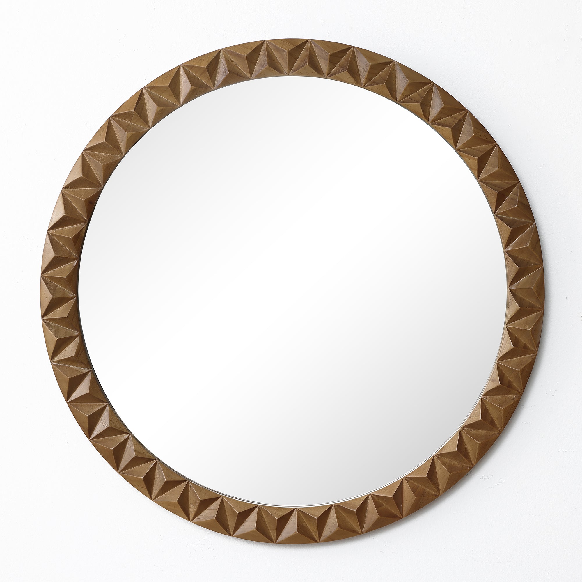 Natural Pine-Framed Round Mirror with Carved Detailing, 25.5'' Diameter