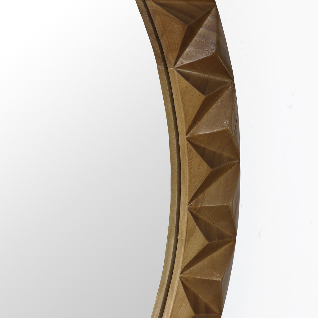 Natural Pine-Framed Round Mirror with Carved Detailing, 25.5'' Diameter