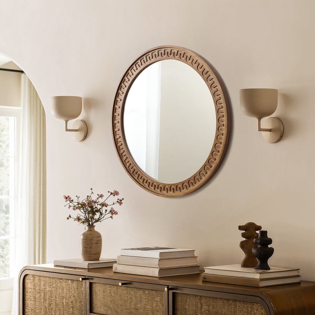 Round Wall Mirror with Sculpted Rubberwood Frame, 25.8'' Diameter