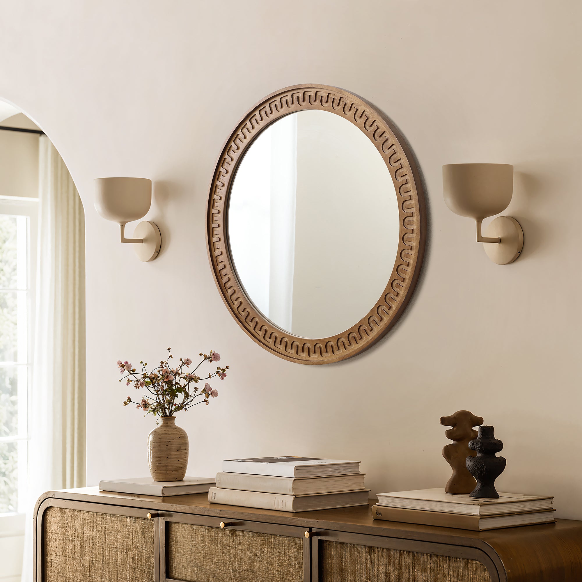 Round Wall Mirror with Sculpted Rubberwood Frame, 25.8'' Diameter