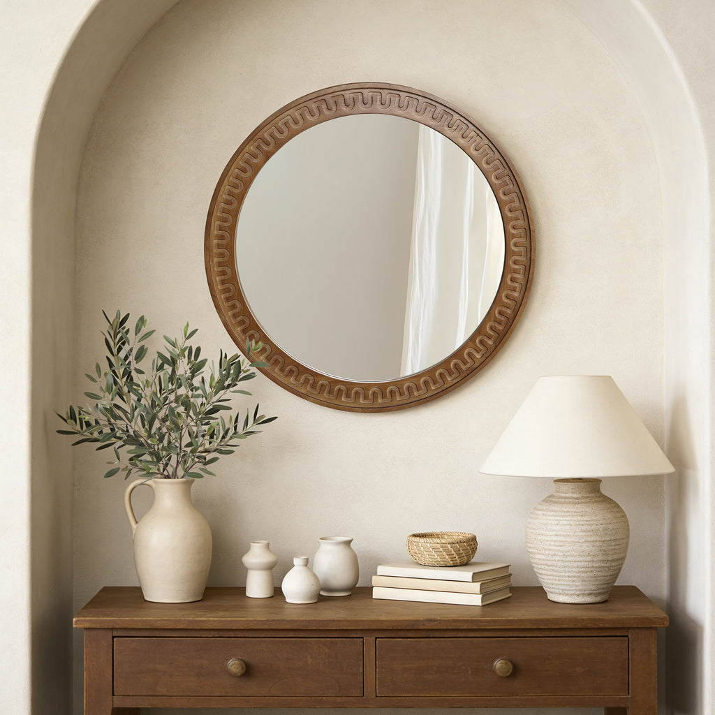 Round Wall Mirror with Sculpted Rubberwood Frame, 25.8'' Diameter