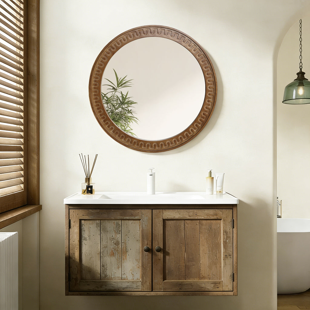 Round Wall Mirror with Sculpted Rubberwood Frame, 25.8'' Diameter
