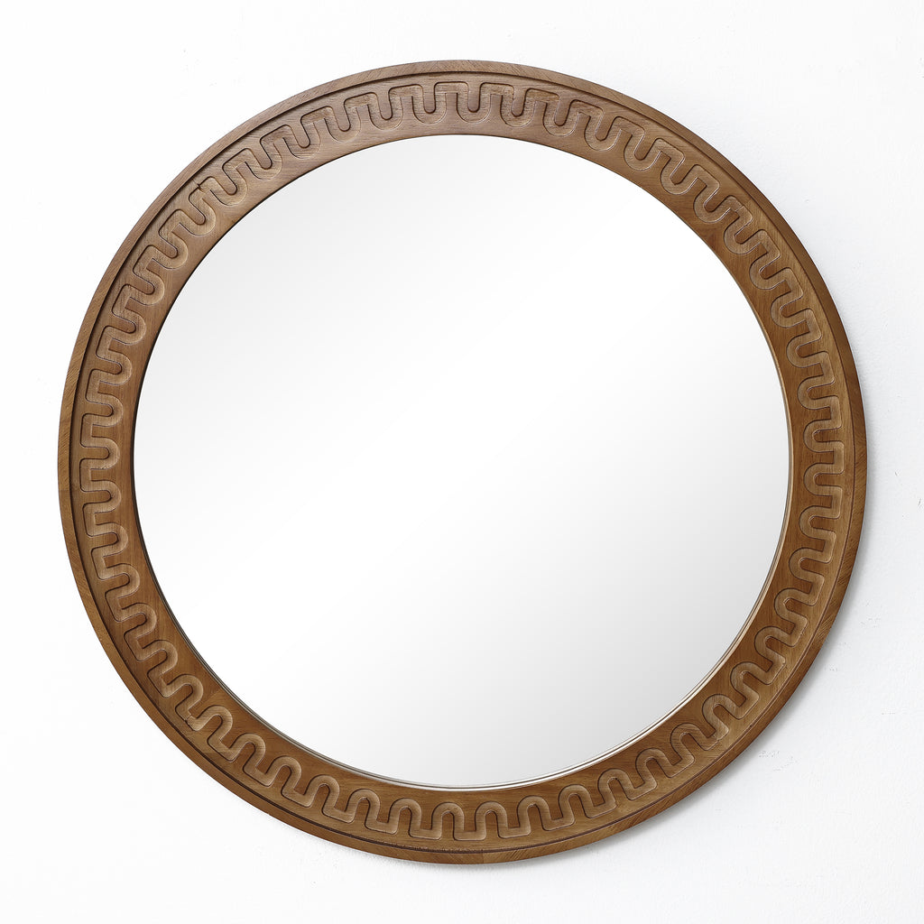 Round Wall Mirror with Sculpted Rubberwood Frame, 25.8'' Diameter