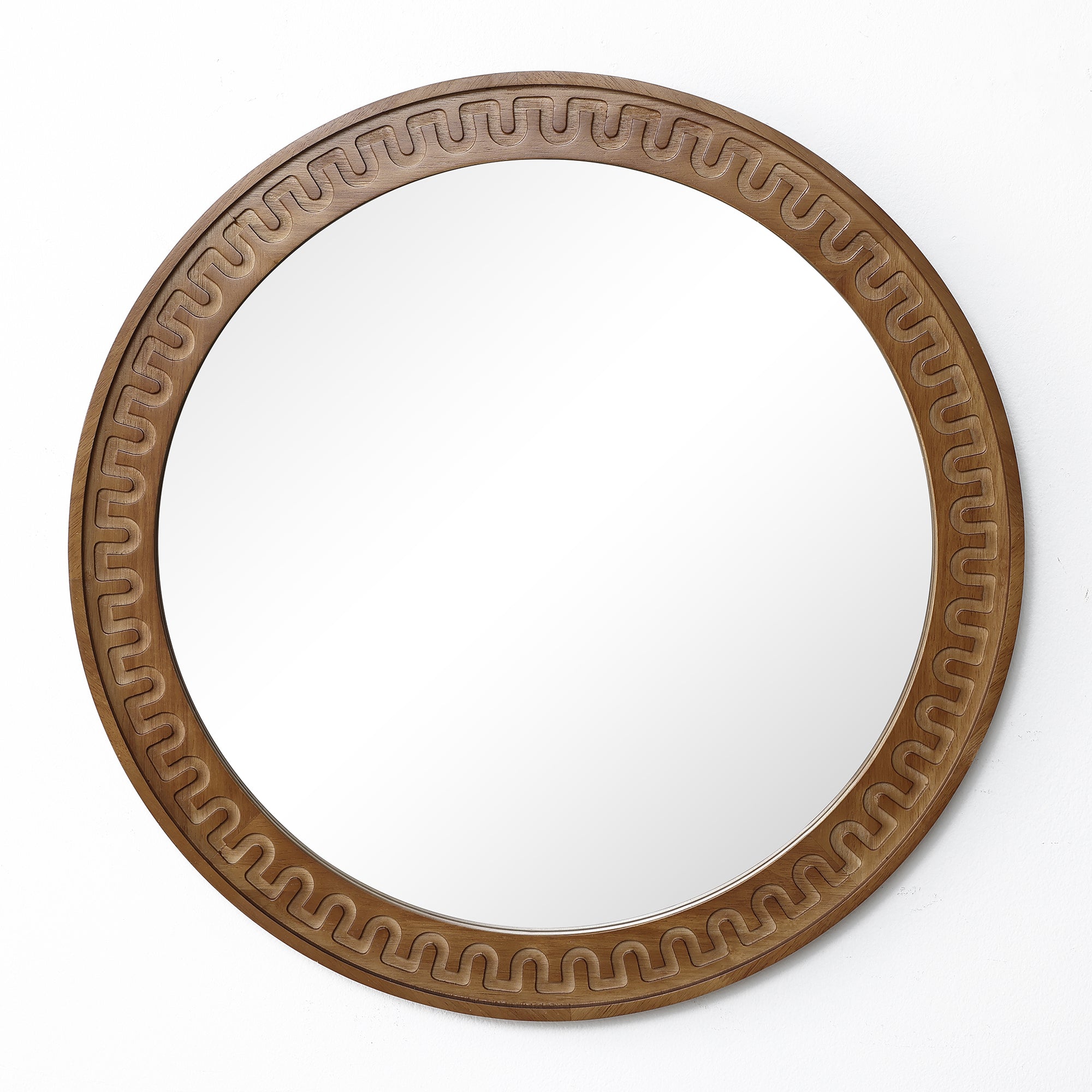 Round Wall Mirror with Sculpted Rubberwood Frame, 25.8'' Diameter