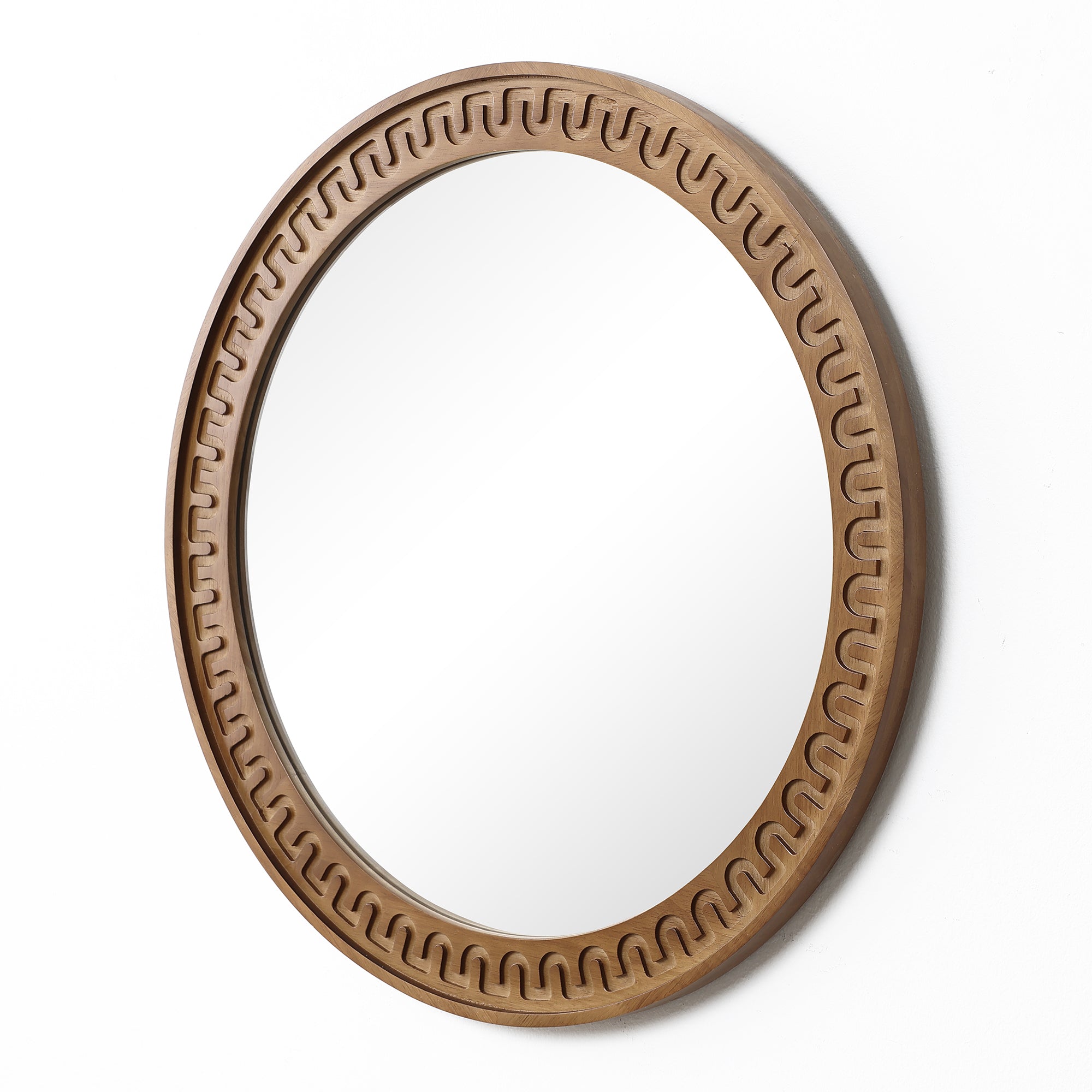 Round Wall Mirror with Sculpted Rubberwood Frame, 25.8'' Diameter