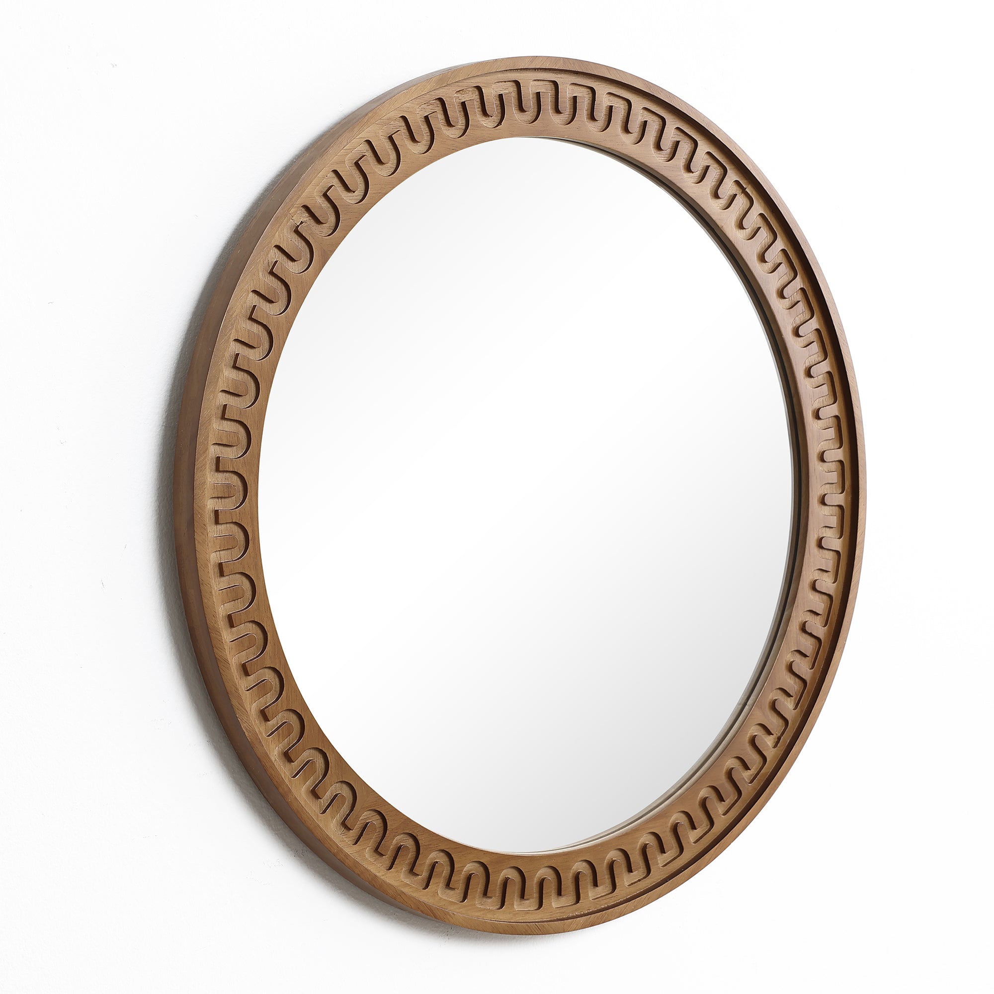 Round Wall Mirror with Sculpted Rubberwood Frame, 25.8'' Diameter