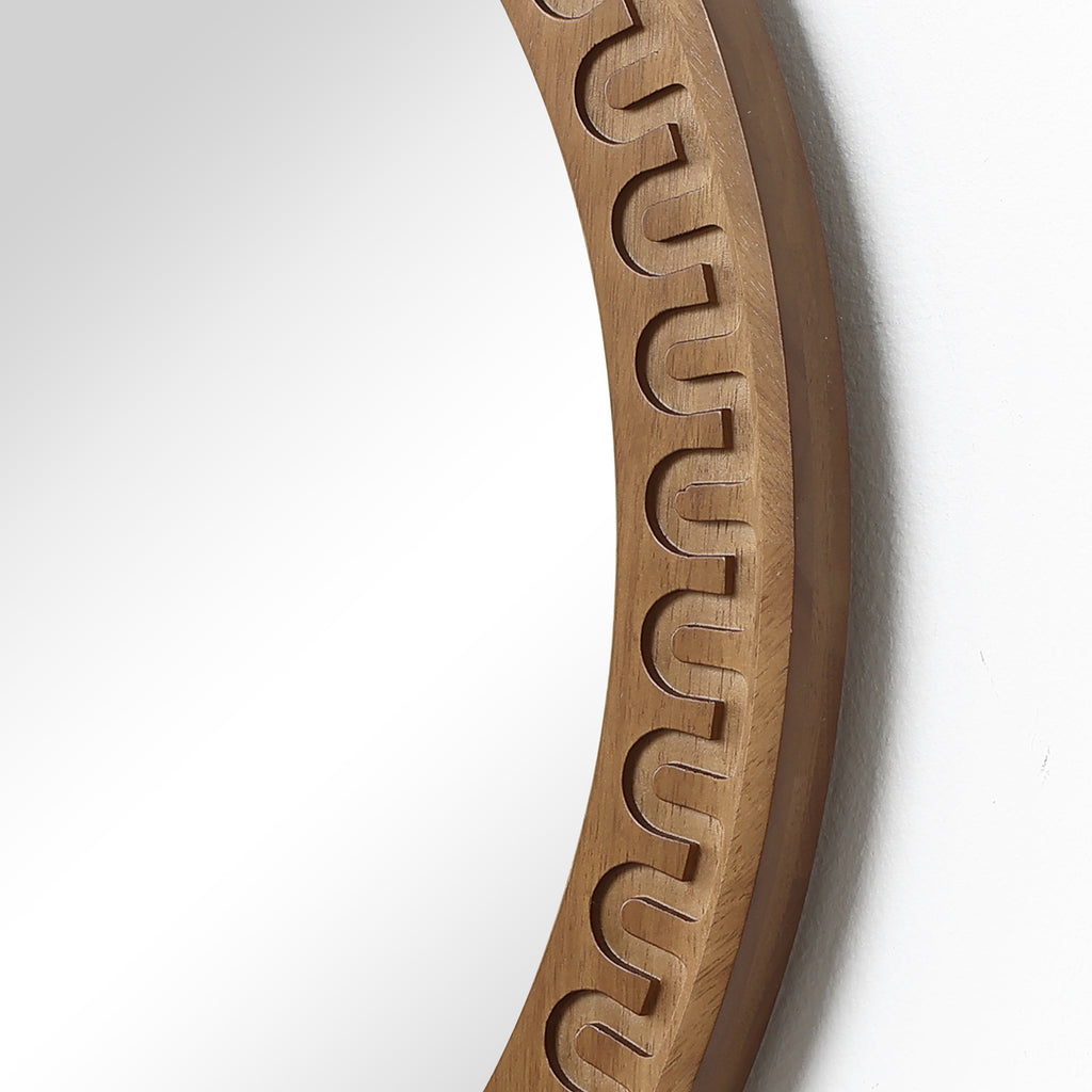 Round Wall Mirror with Sculpted Rubberwood Frame, 25.8'' Diameter