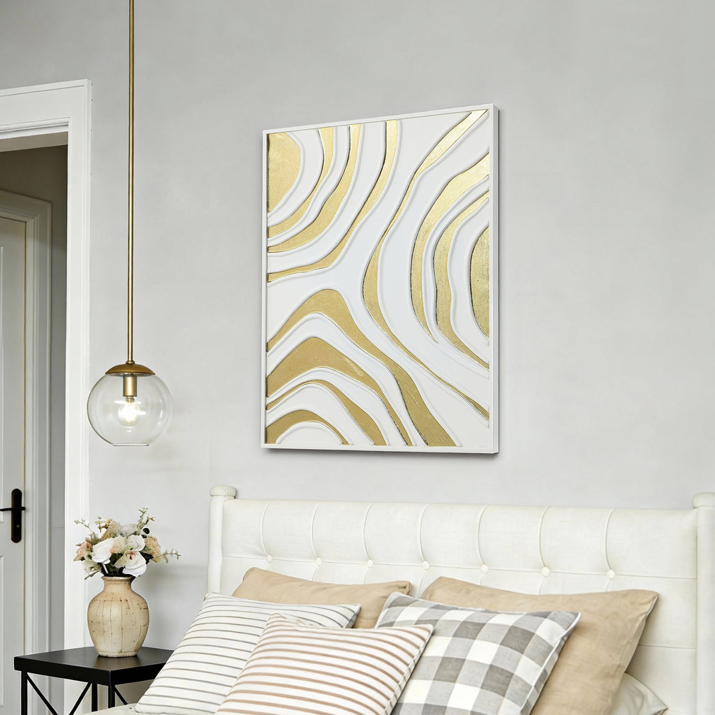 Abstract Iron Wall Art, White and Gold Curved Pattern, 23.62" x 31.50"