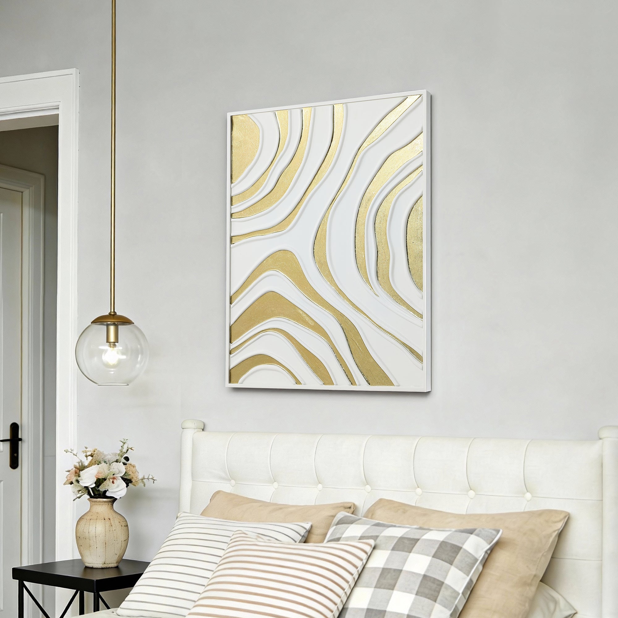 Abstract Iron Wall Art, White and Gold Curved Pattern, 23.62" x 31.50"