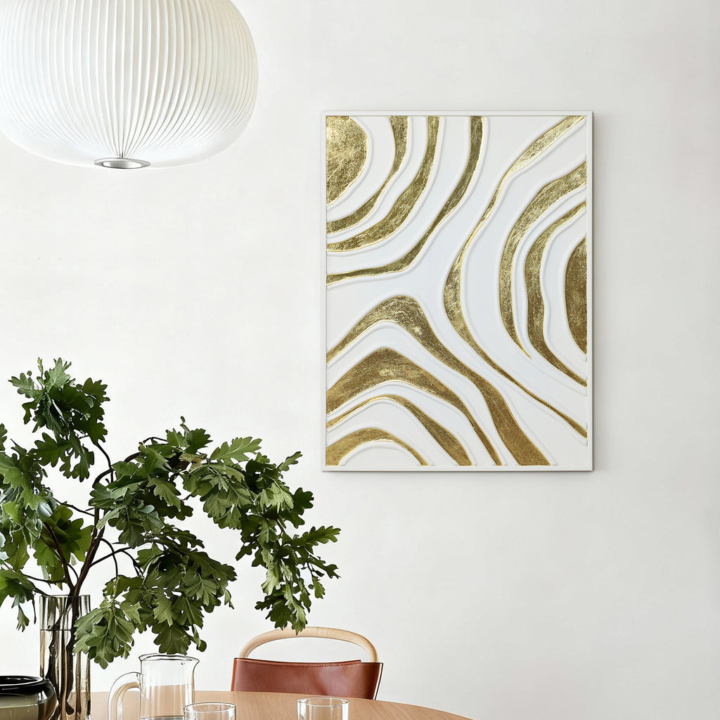 Abstract Iron Wall Art, White and Gold Curved Pattern, 23.62" x 31.50"
