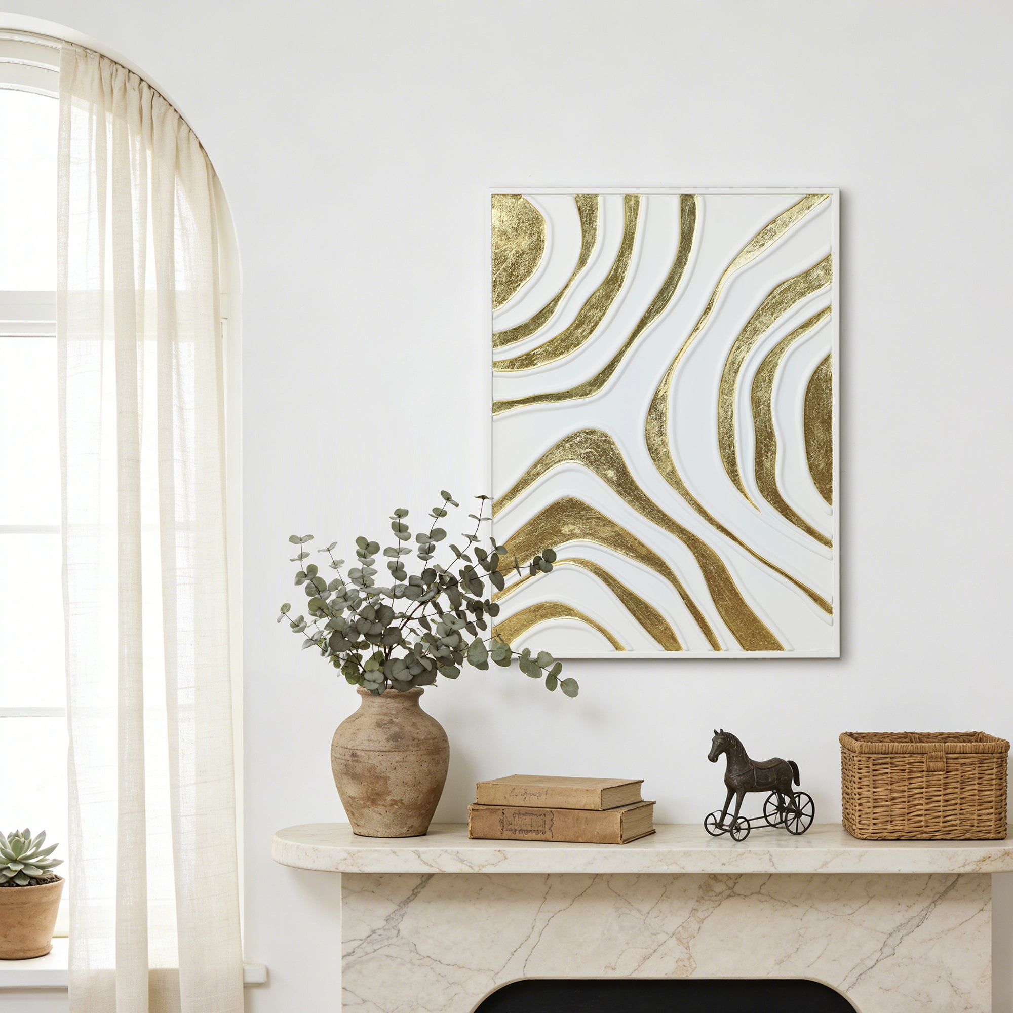 Modern Luxury 3D Abstract Relief Art – Metallic Gold & White Sculptural Wall Décor