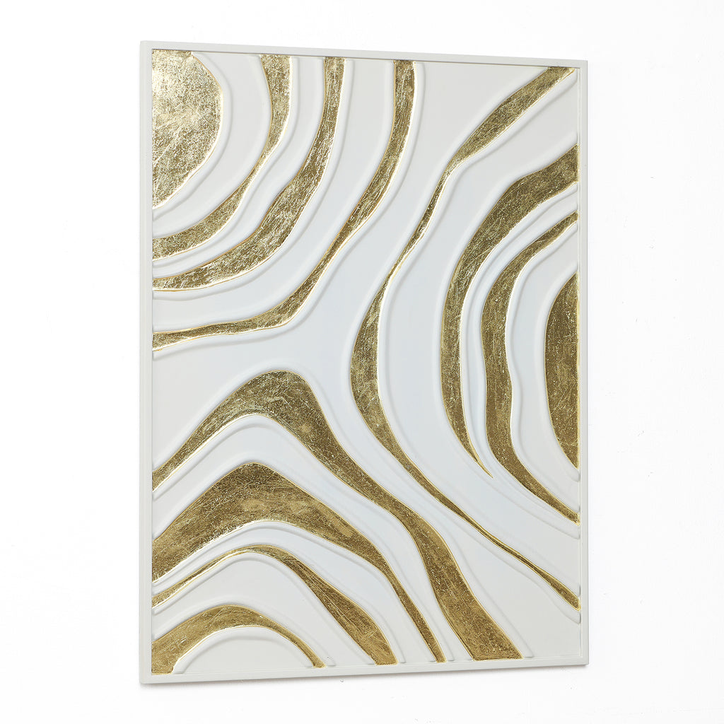 Abstract Iron Wall Art, White and Gold Curved Pattern, 23.62" x 31.50"