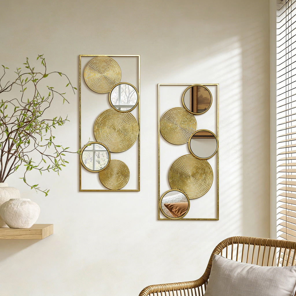 Set of 2 Iron & Mirror Wall Art, Modern Rectangular Panels with Textured Circles