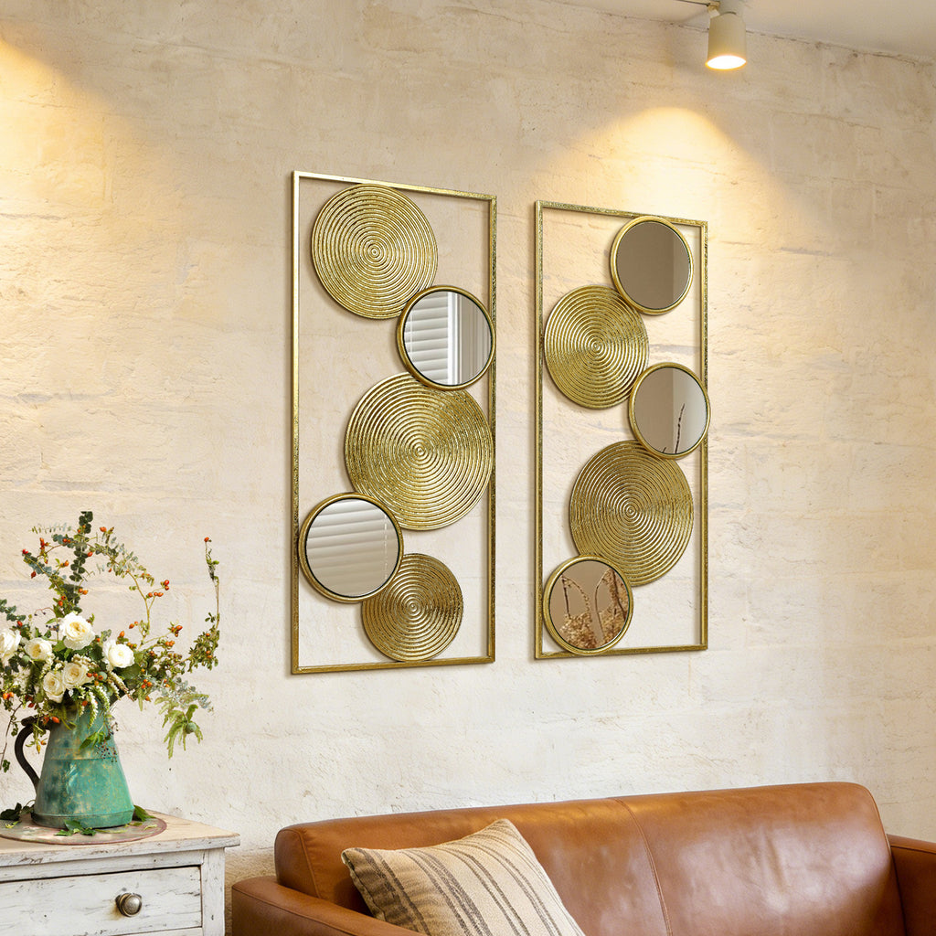 Set of 2 Iron & Mirror Wall Art, Modern Rectangular Panels with Textured Circles