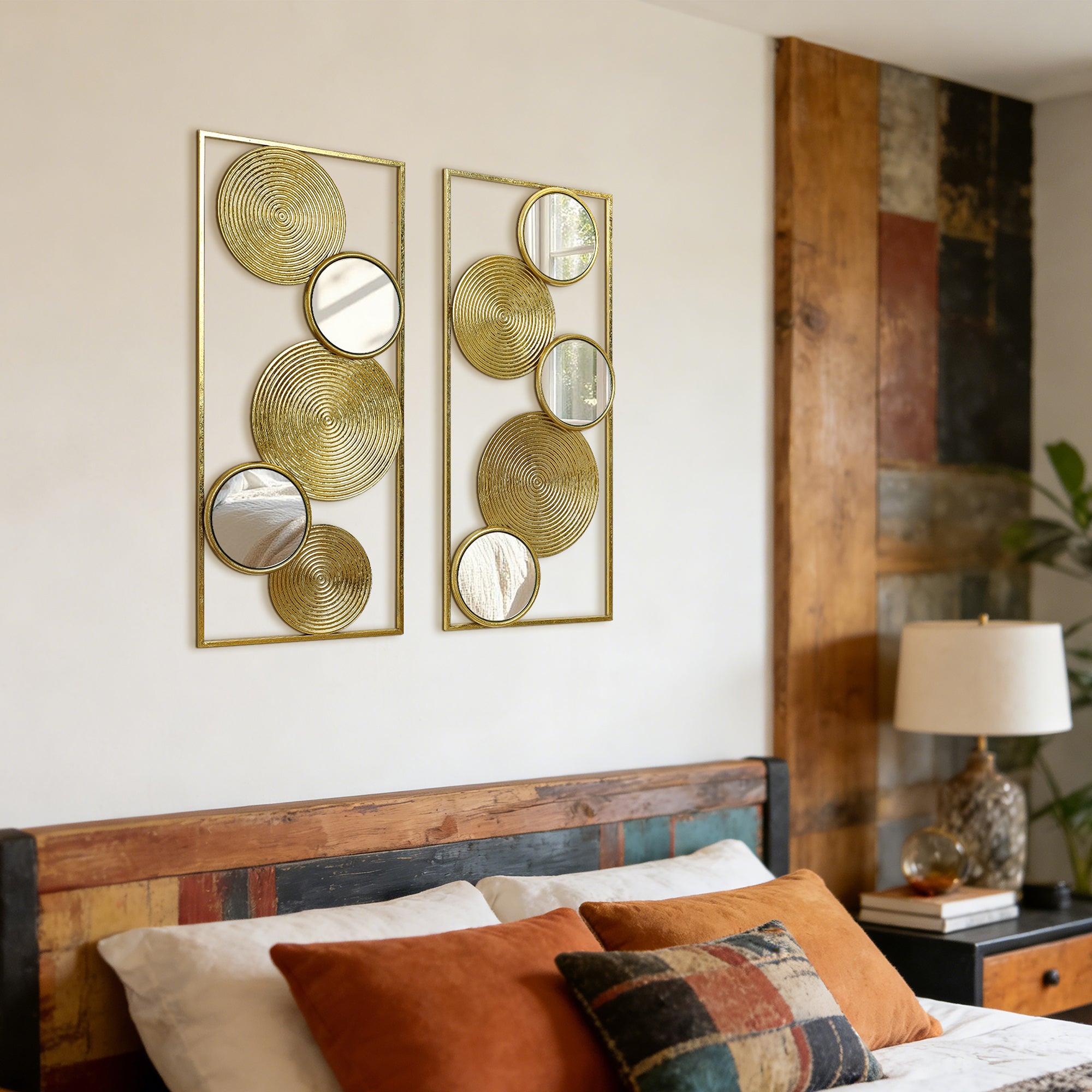 Set of 2 Iron & Mirror Wall Art, Modern Rectangular Panels with Textured Circles