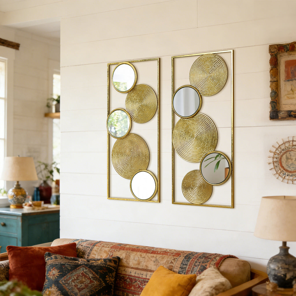 Set of 2 Iron & Mirror Wall Art, Modern Rectangular Panels with Textured Circles