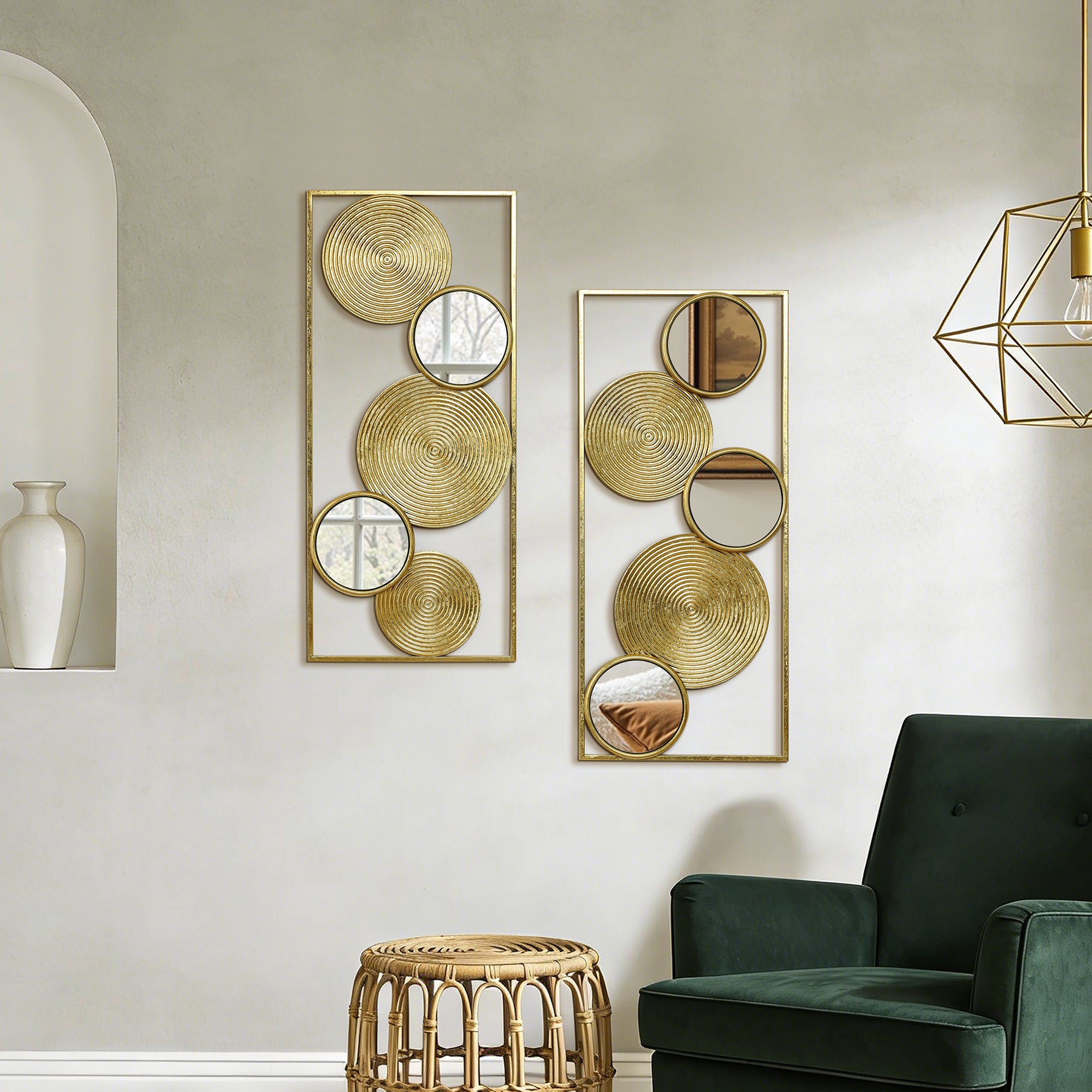 Set of 2 Iron & Mirror Wall Art, Modern Rectangular Panels with Textured Circles