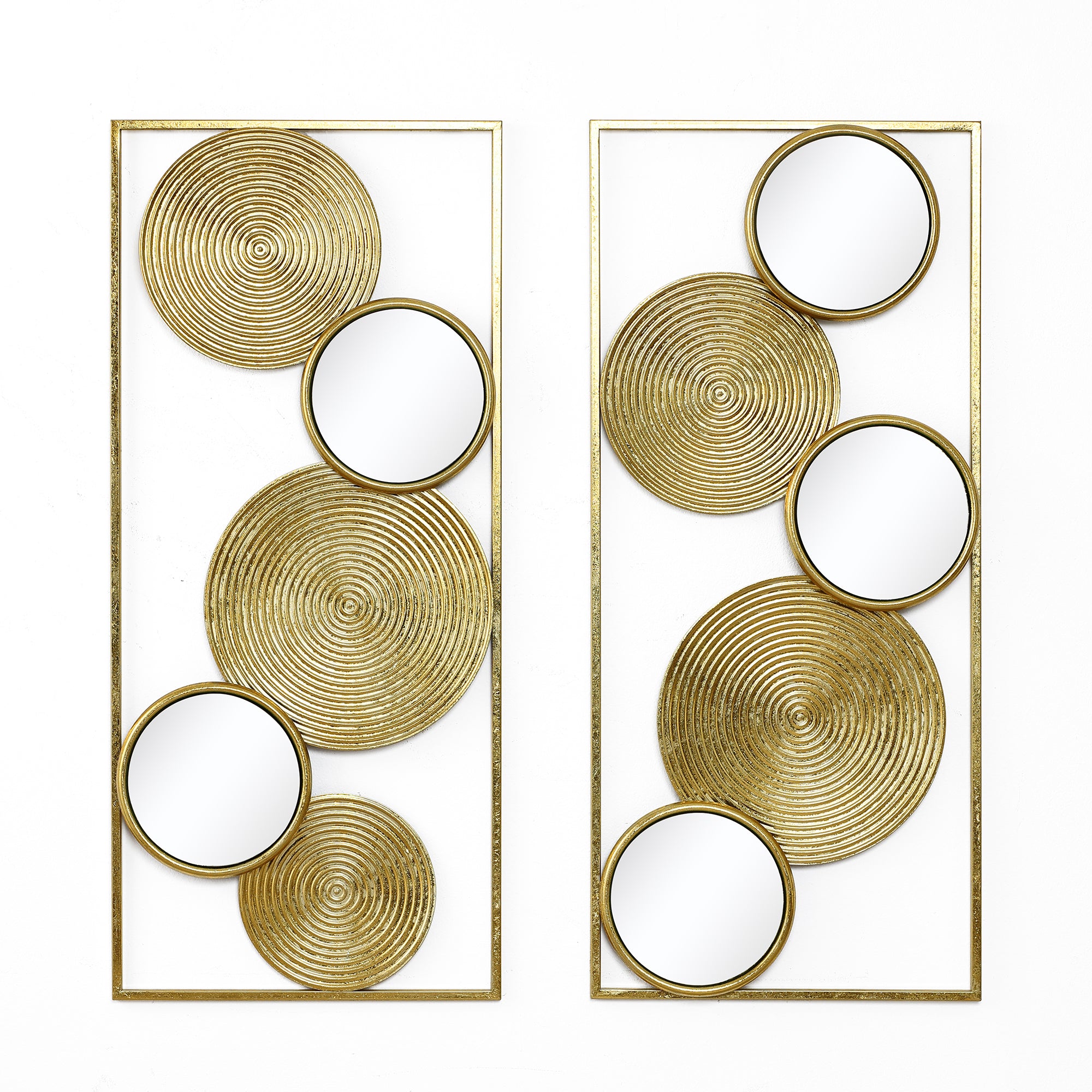 Set of 2 Iron & Mirror Wall Art, Modern Rectangular Panels with Textured Circles