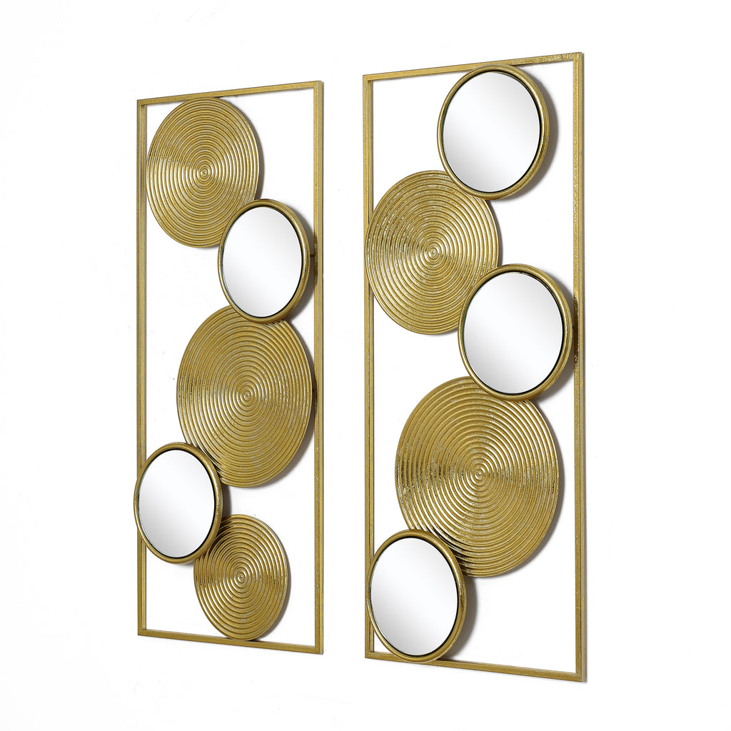 Set of 2 Iron & Mirror Wall Art, Modern Rectangular Panels with Textured Circles