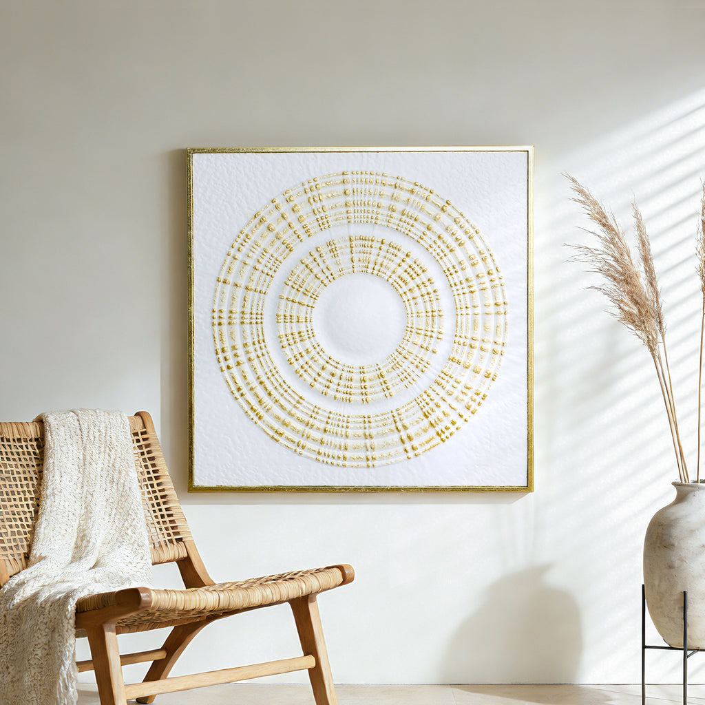 Large Square Iron Wall Sculpture,White and Gold Ripple Design, 31.50" x 31.50"
