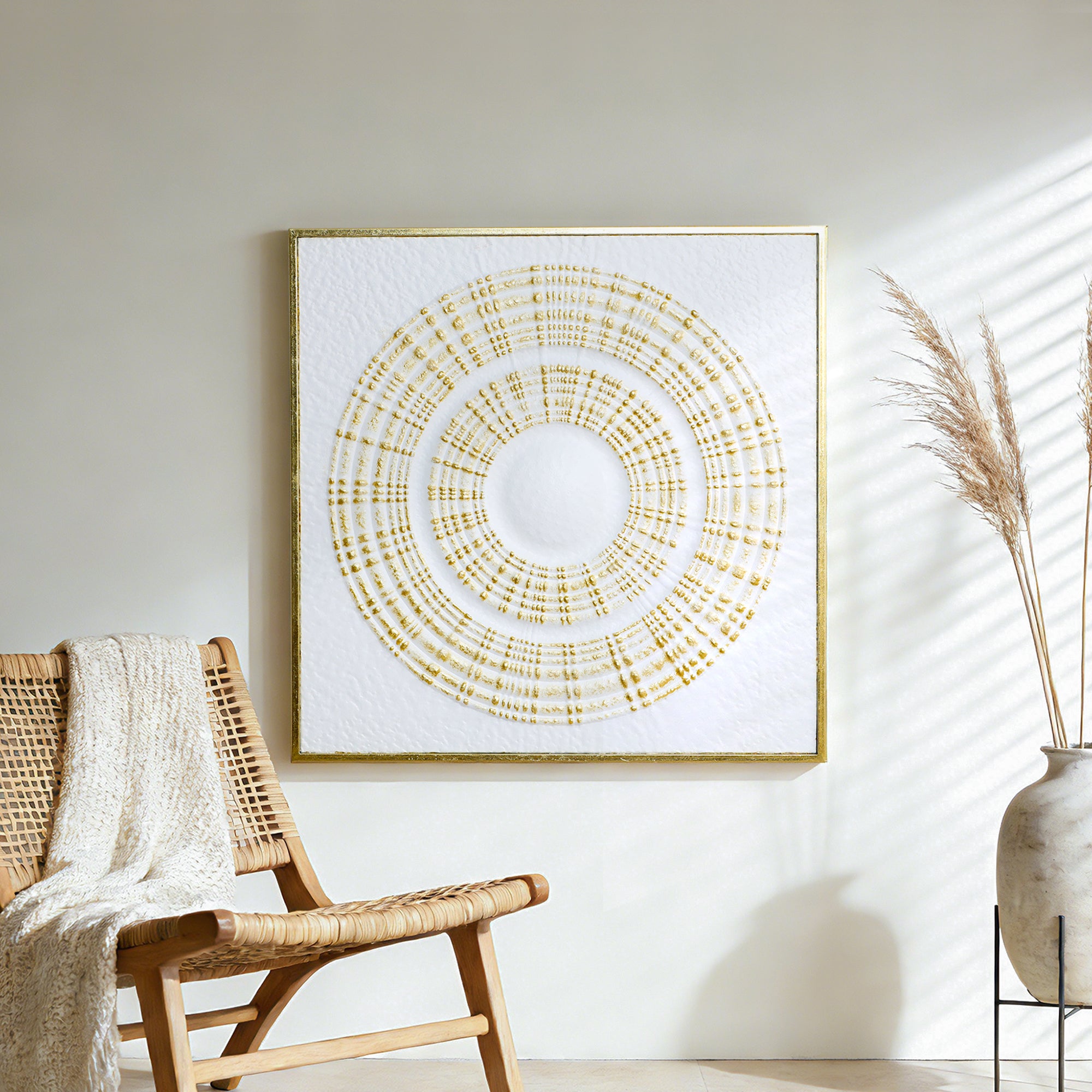 Large Square Iron Wall Sculpture,White and Gold Ripple Design, 31.50" x 31.50"