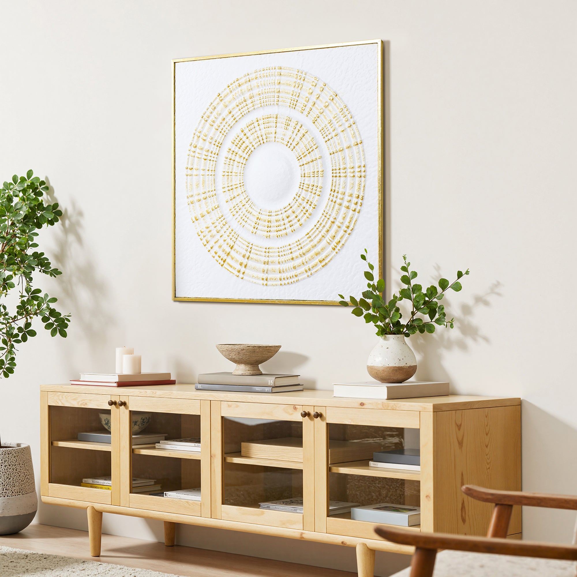 Large Square Iron Wall Sculpture,White and Gold Ripple Design, 31.50" x 31.50"