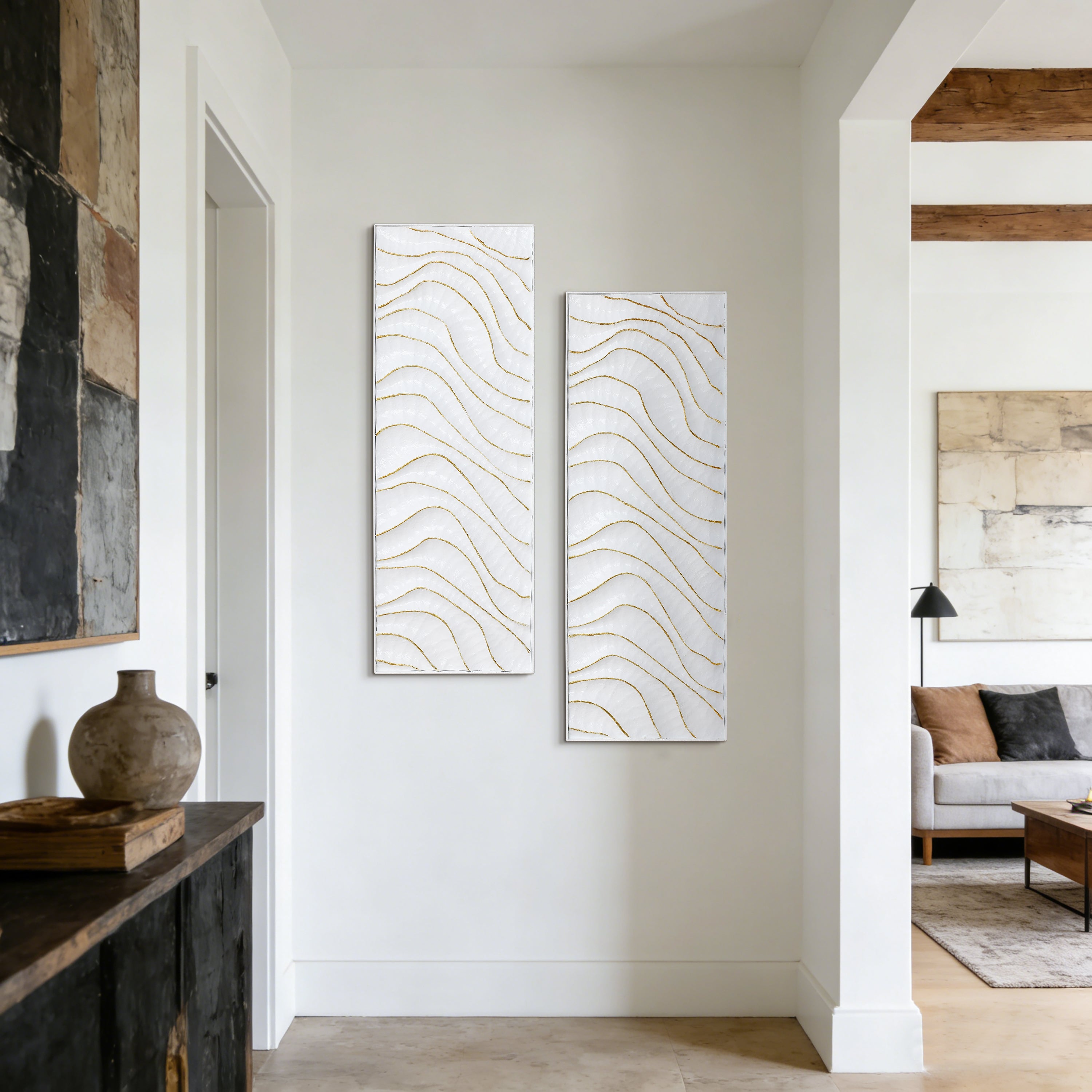 Modern Metal Wall Decor, 2-Piece Textured Panels with Sculpted Wave Design