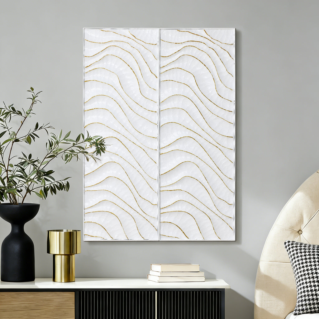 Modern Metal Wall Decor, 2-Piece Textured Panels with Sculpted Wave Design