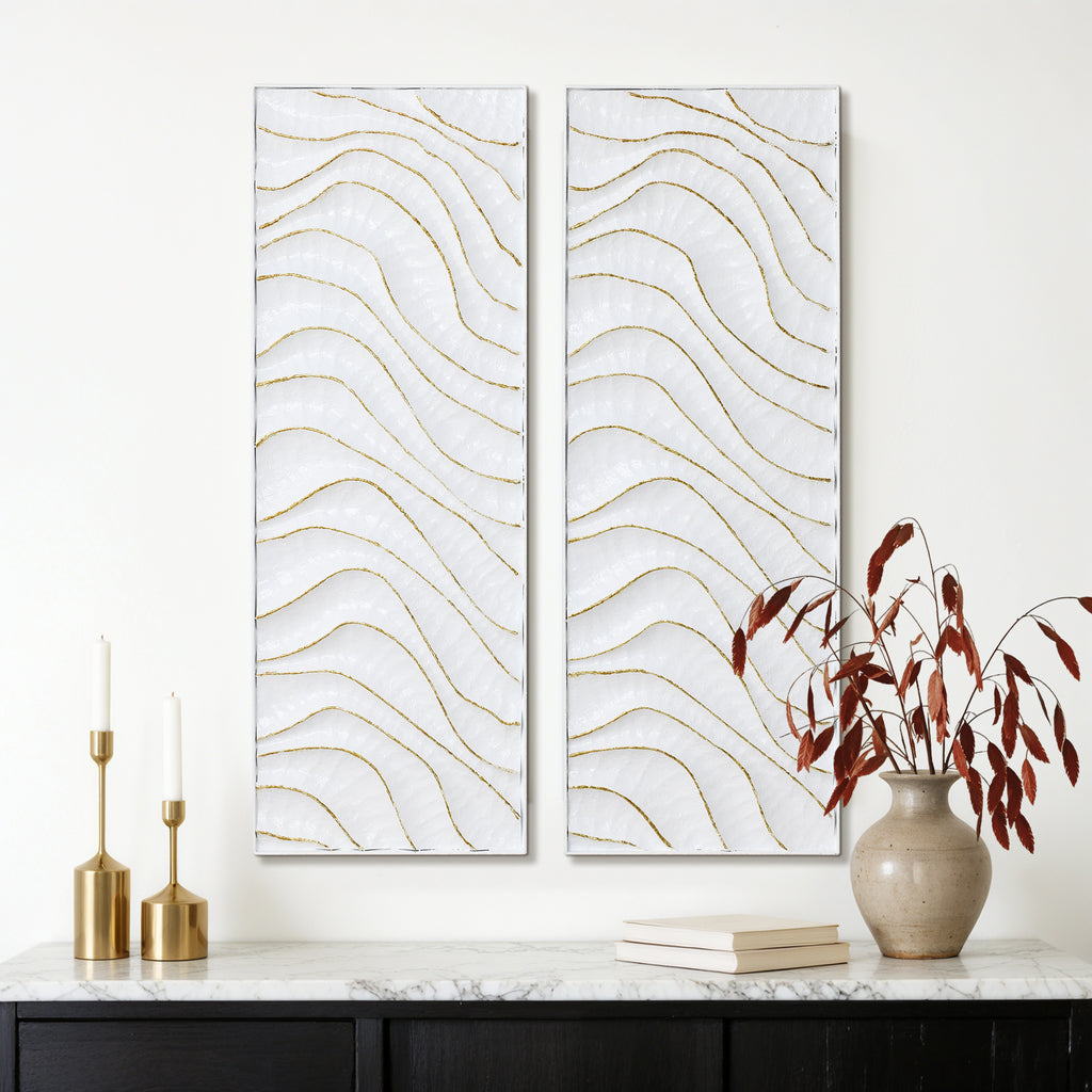 Modern Metal Wall Decor, 2-Piece Textured Panels with Sculpted Wave Design