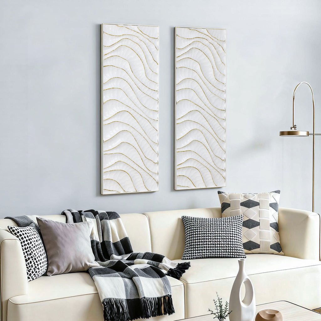 Modern Metal Wall Decor, 2-Piece Textured Panels with Sculpted Wave Design