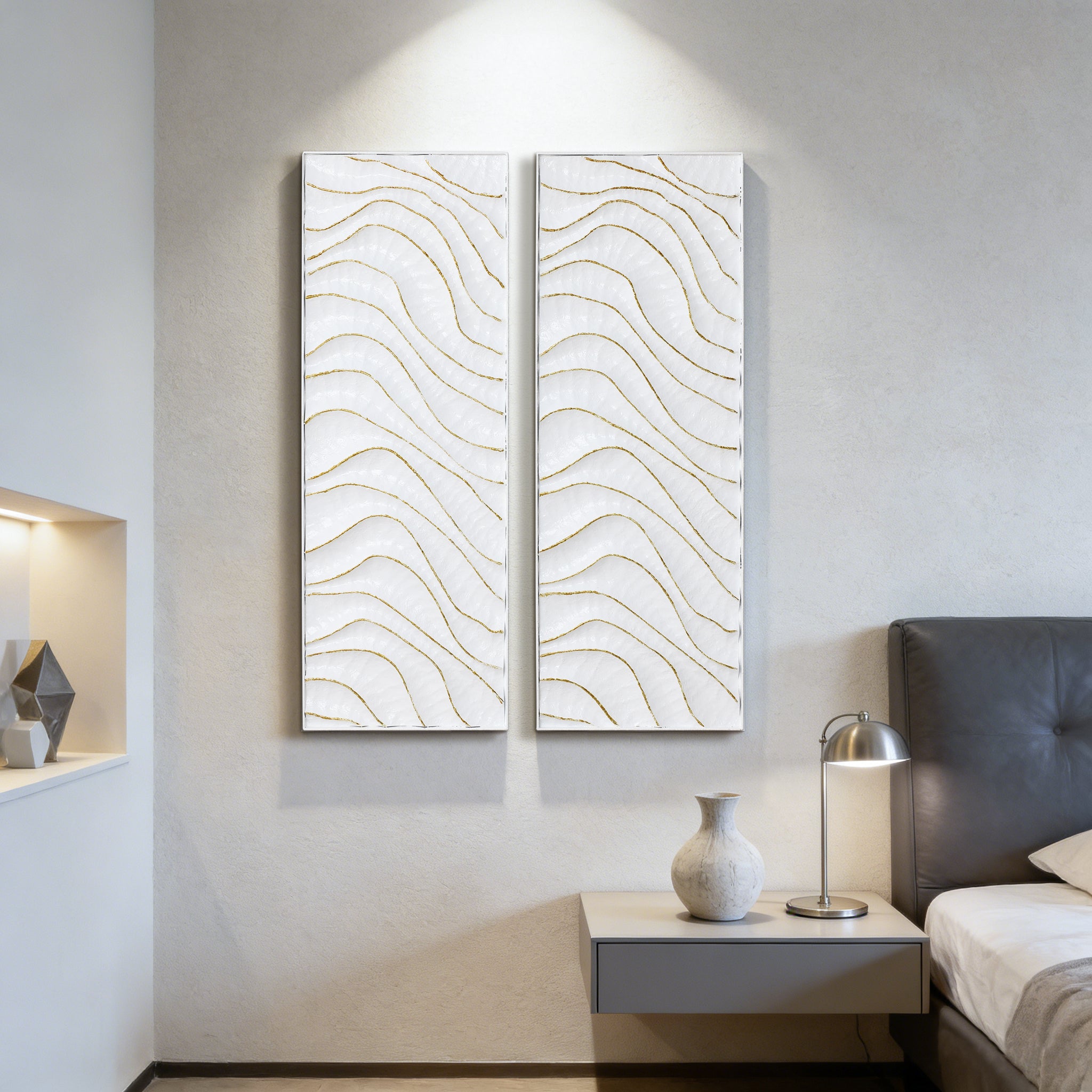 Modern Metal Wall Decor, 2-Piece Textured Panels with Sculpted Wave Design