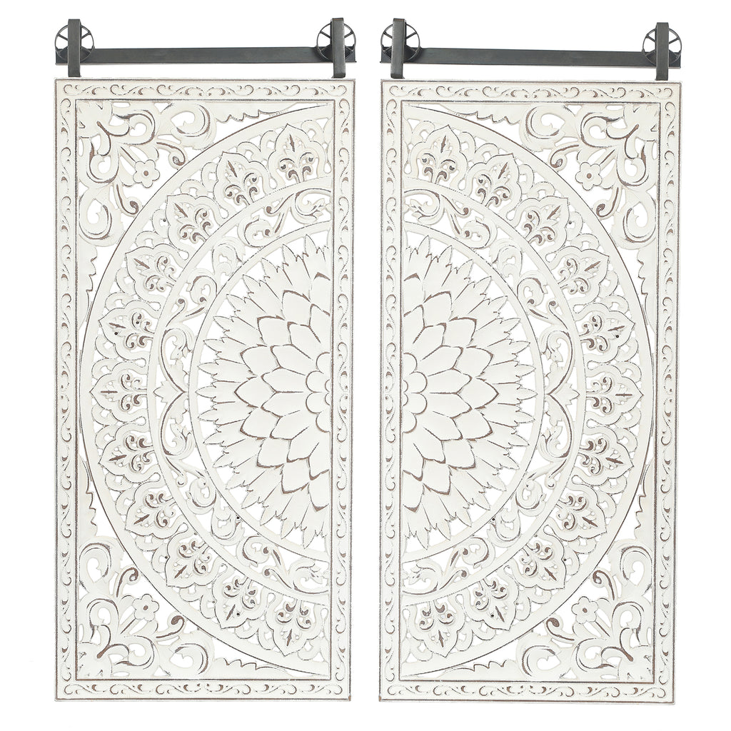 Set of 2 Distressed Ivory White Wood Flower Wall Decor