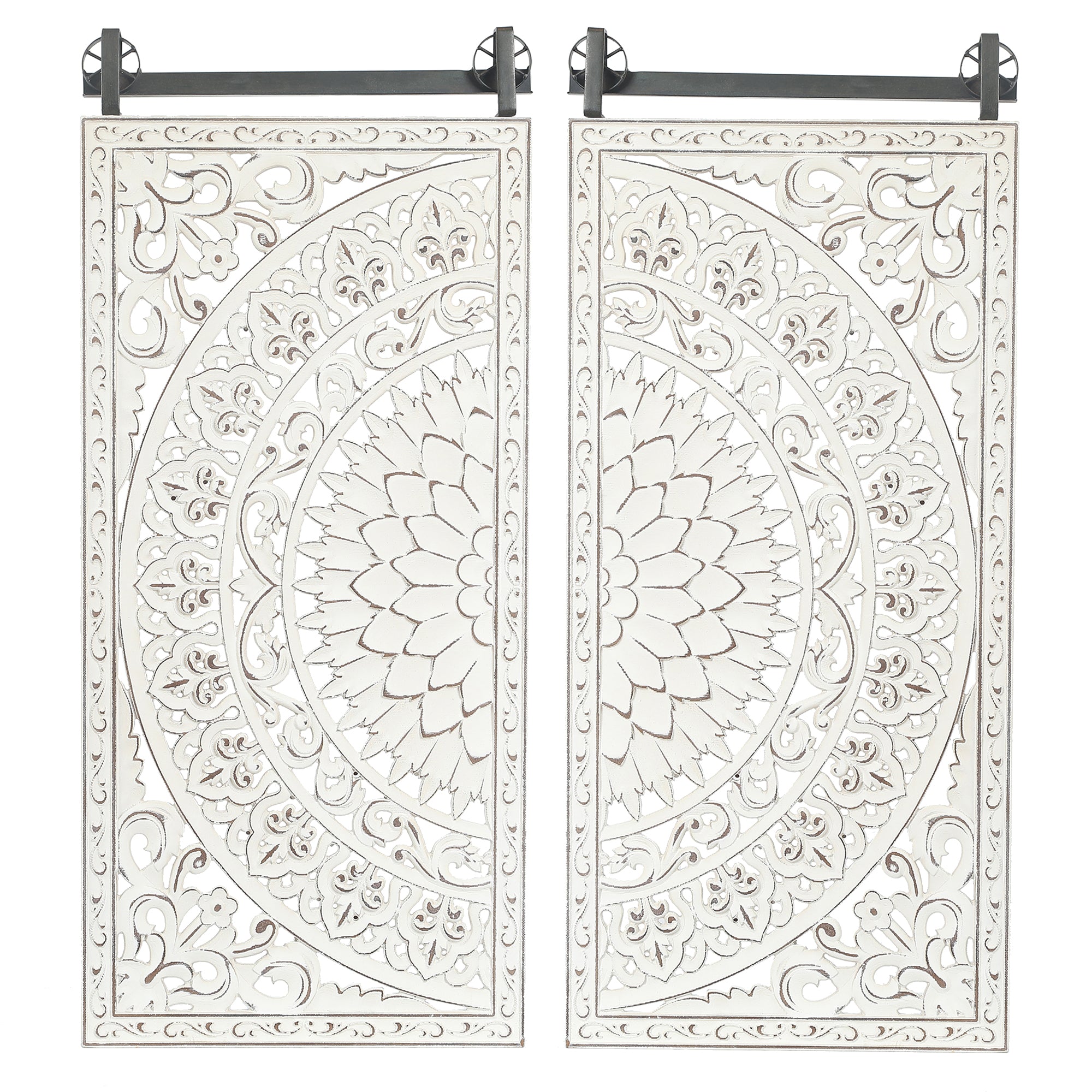 Set of 2 Distressed Ivory White Wood Flower Wall Decor