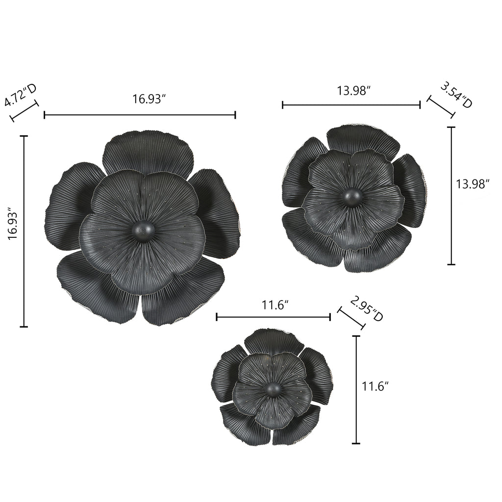 3-Piece Dark Gray with Gold Metal Flowers Wall Decor Set
