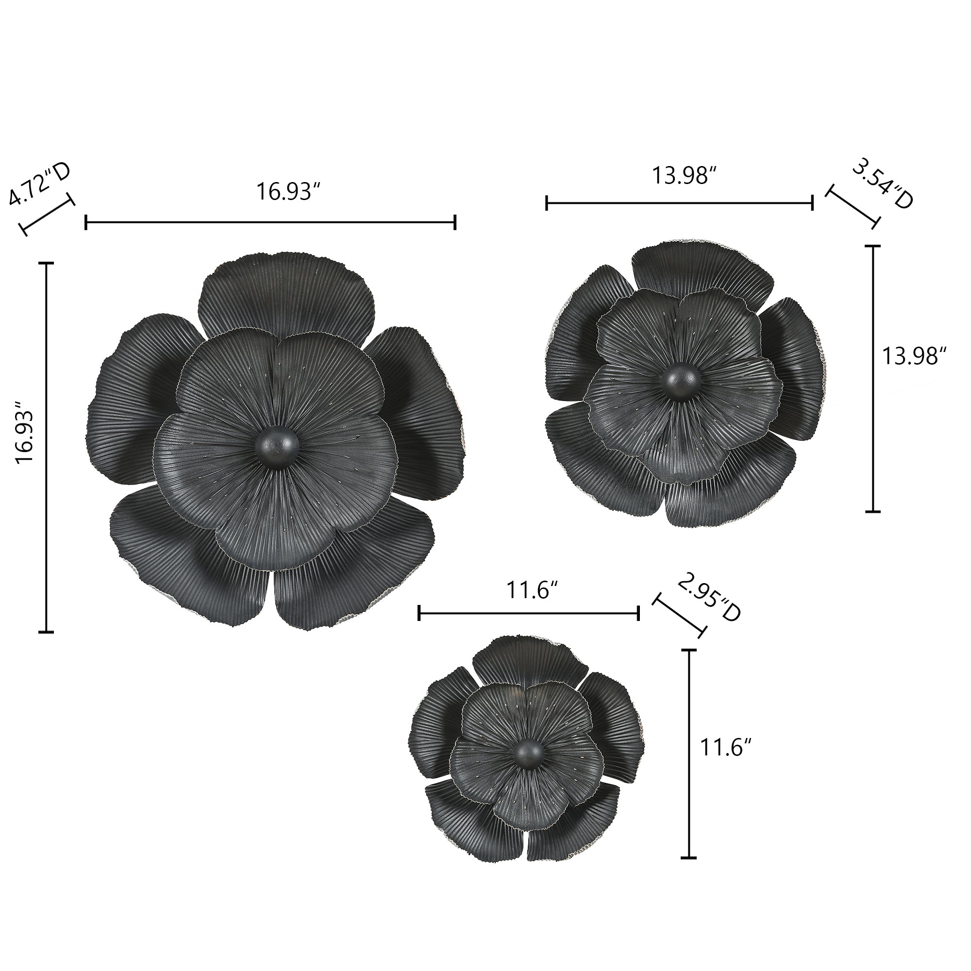 3-Piece Dark Gray with Gold Metal Flowers Wall Decor Set