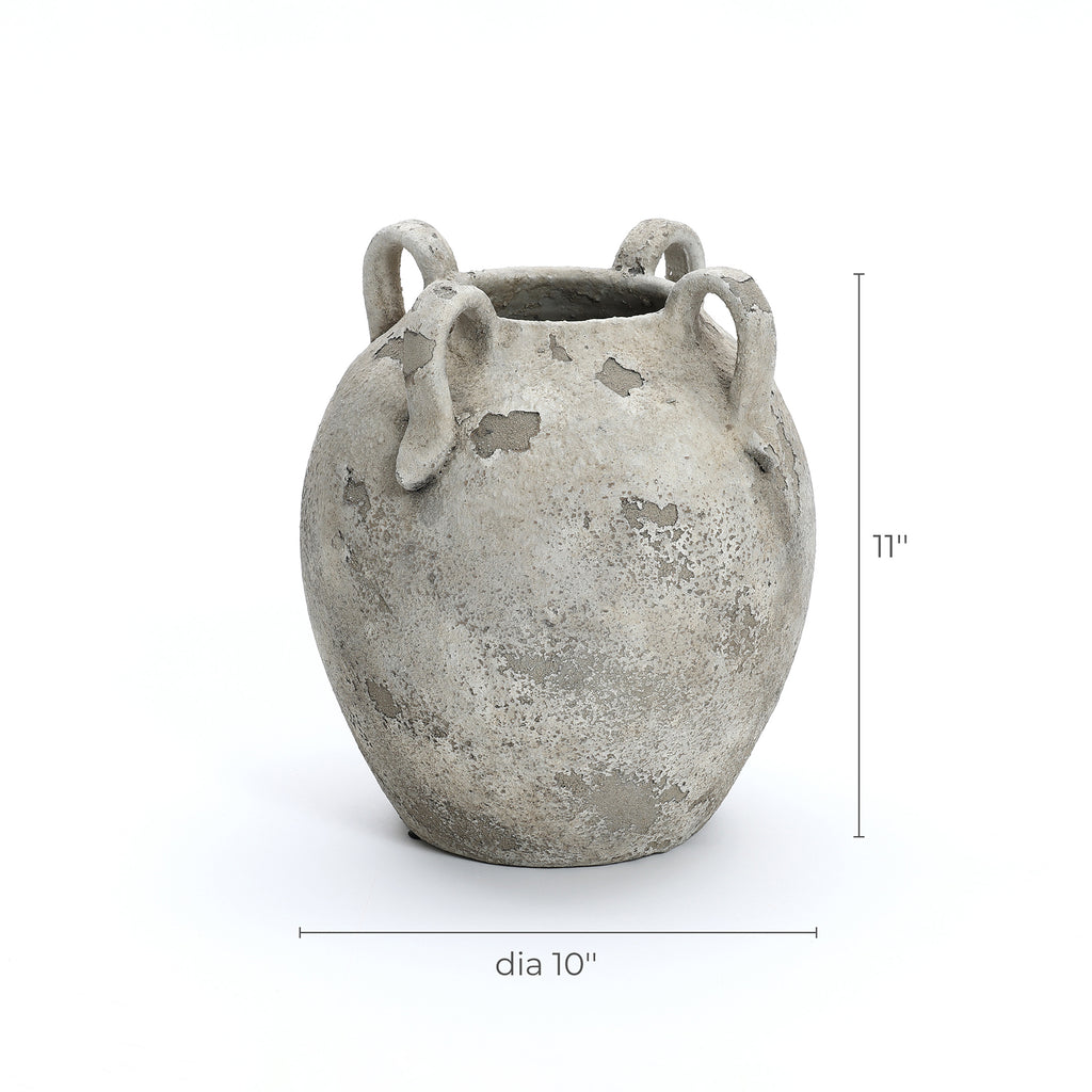 Rustic Gray and White Terracotta 10-Inch Round Vase with Handles