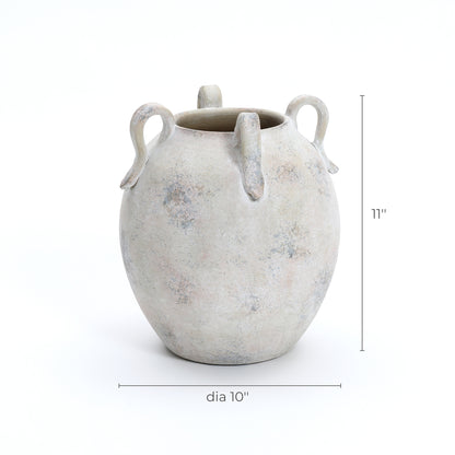 4-Handle Decorative Terracotta Urn, Marbled White-Gray, 11"