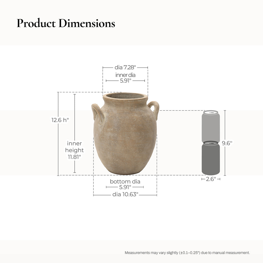 Rustic Antiqued Brown 12.6-Inch Tall Round Terracotta Vase with Handles