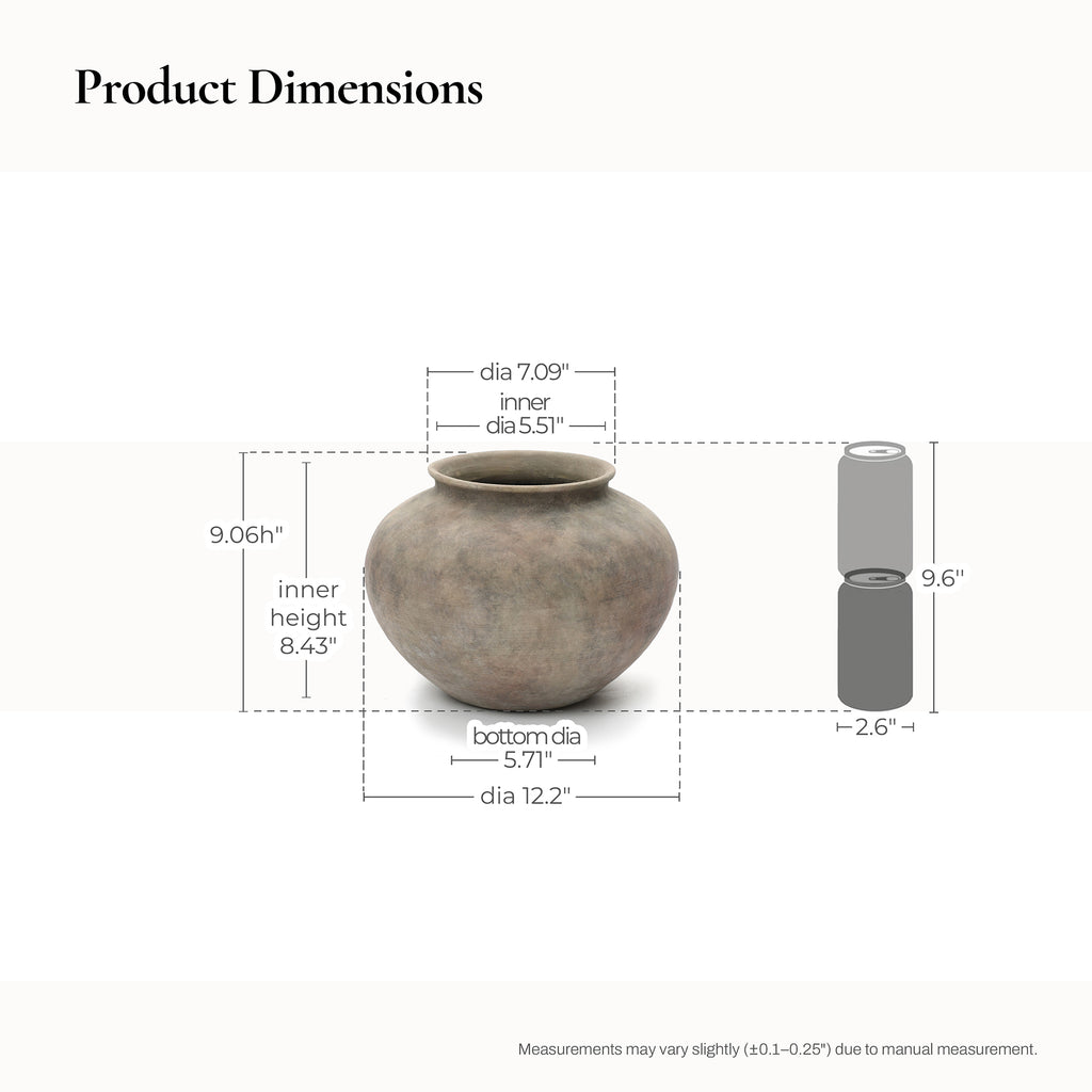 Rustic Ceramic Vase, 12.2" Wide Terracotta Pot with Earthy Gray-Brown Finish