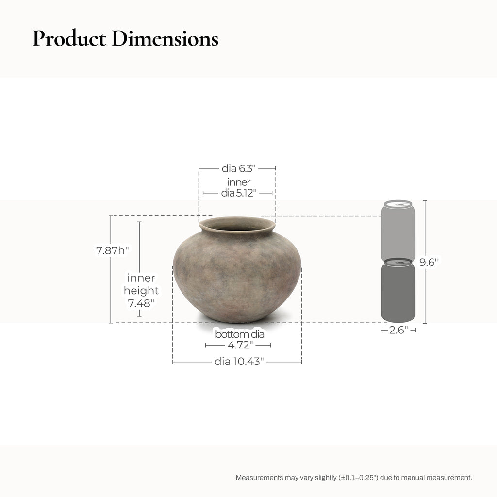 Rustic Ceramic Vase, 10.4" Wide Terracotta Pot with Earthy Gray-Brown Finish