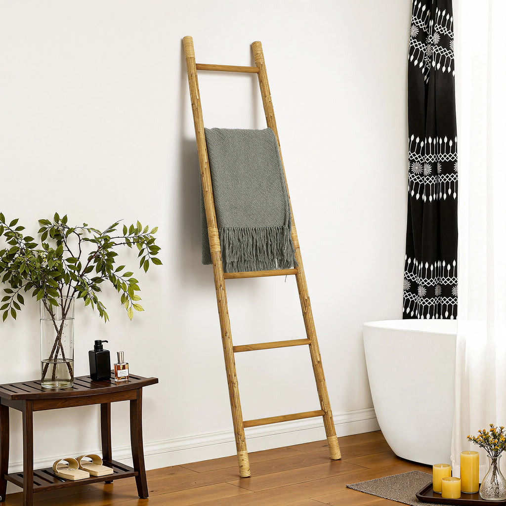 Bamboo Ladder Towel Rack – Natural Wood Design for Towels, Blankets & Scarf Display