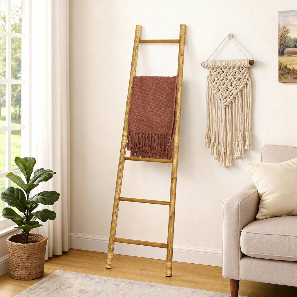 Bamboo Ladder Towel Rack – Natural Wood Design for Towels, Blankets & Scarf Display
